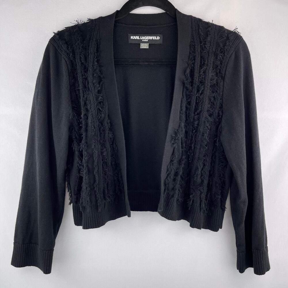 Karl Lagerfeld Fringe Open Front Cropped Cardigan Size L